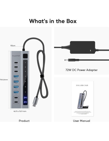Hub USB C Alimentado PULWTOP 9-en-1 10Gbps 45W Carga PD