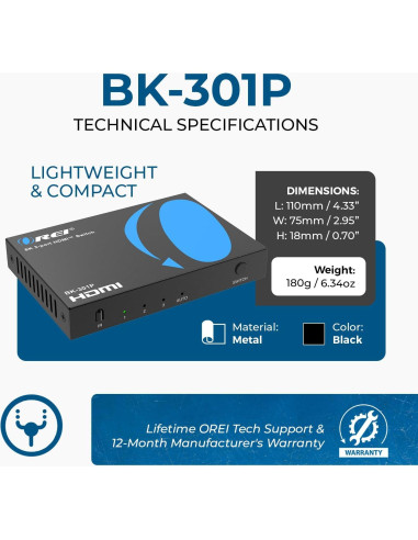 Interruptor HDMI 8K OREI BK-301P 48Gbps con Control Remoto