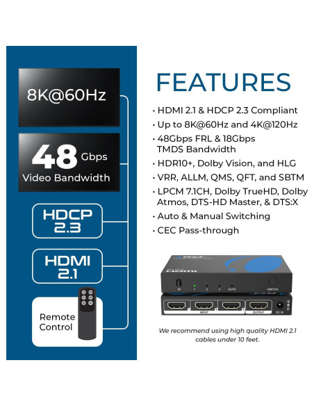 Interruptor HDMI 8K OREI BK-301P 48Gbps con Control Remoto