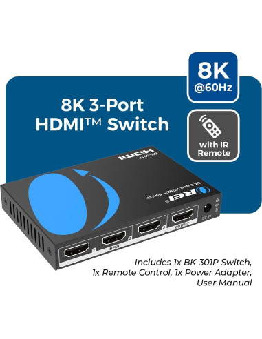 Interruptor HDMI 8K OREI BK-301P 48Gbps con Control Remoto