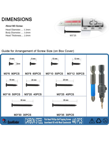 Kit de Tornillos Autoperforantes EaseKinder 440PCS M3 Acero
