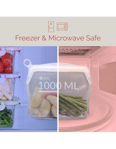 Bolsas de Silicona Reutilizables Reli. 1000ml, 2 Paquete, Transparente