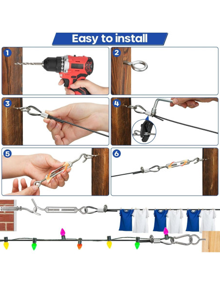 Kit de Cable de Acero Inoxidable 1/8" 61m TooTaci con Tensores