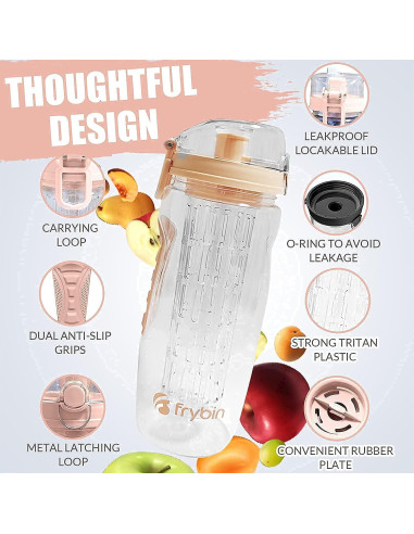 Botella de Agua con Infusor Frybin 0.95L Rosa Libre de BPA