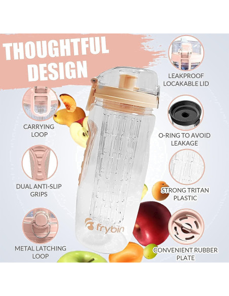 Botella de Agua con Infusor Frybin 0.95L Rosa Libre de BPA