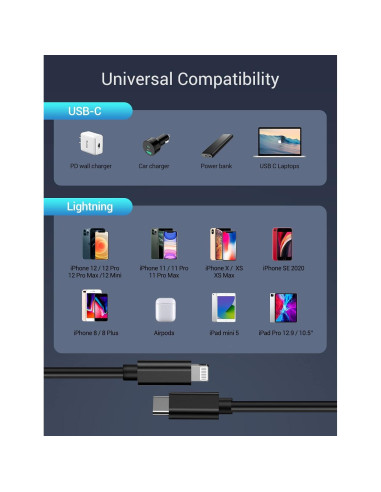 Cable USB-C a Lightning Quntis 3FT Carga Rápida 3Pack Negro