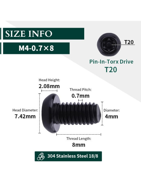 Tornillos de cabeza redonda Torx M4-0.7 x 8mm acero inoxidable