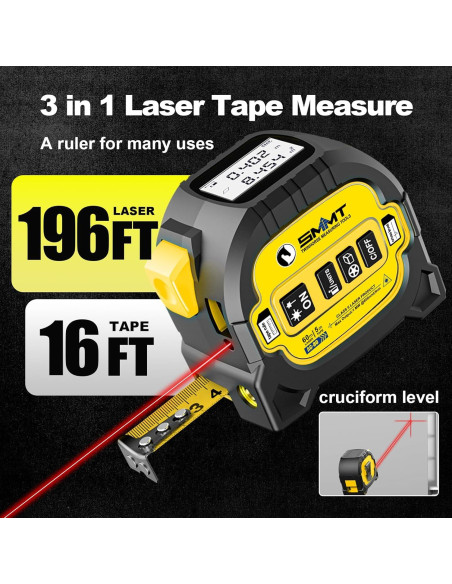 Cinta Métrica Láser 3-en-1 60m + 4.88m Autocierre Rojo