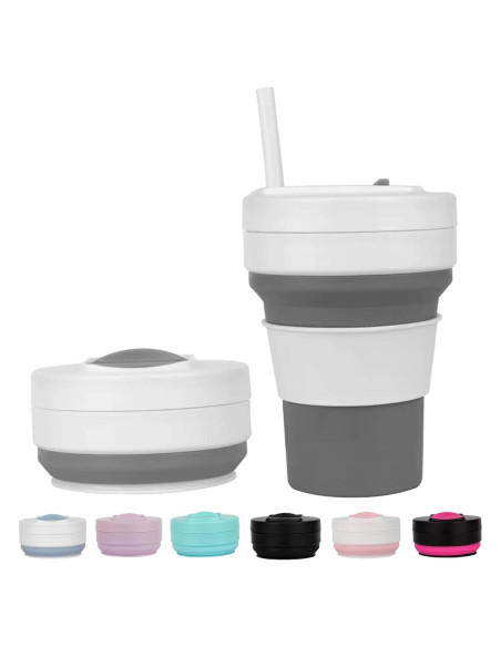 Taza de viaje colapsable Venwalk 350 ml con popote - Gris y Blanco