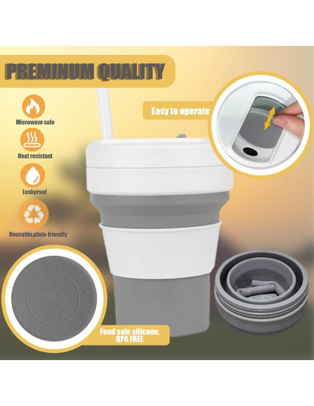 Taza de viaje colapsable Venwalk 350 ml con popote - Gris y Blanco