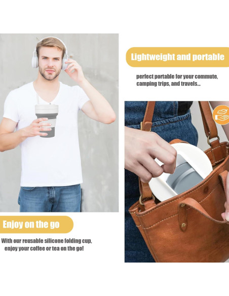 Taza de viaje colapsable Venwalk 350 ml con popote - Gris y Blanco