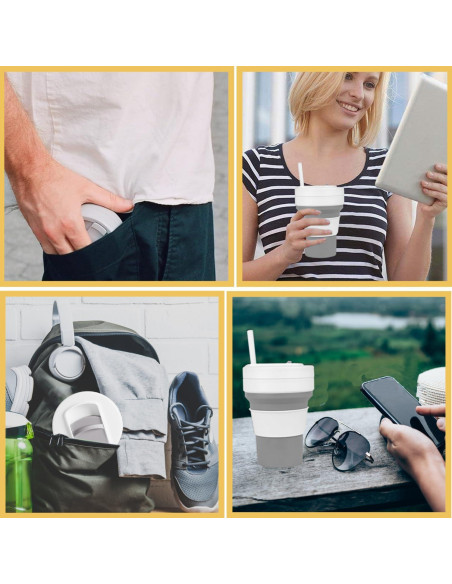 Taza de viaje colapsable Venwalk 350 ml con popote - Gris y Blanco