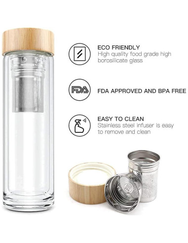 Botella de Té COMI 400 ml Vidrio Borosilicato Doble Pared