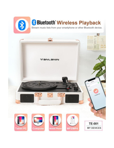 Reproductor de Vinilo Bluetooth TANLANIN TE-001WT 3 Velocidades