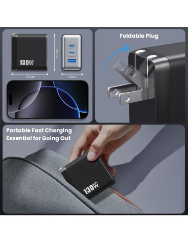 Cargador USB C 130W GaN 3 Puertos Plegable Negro