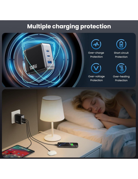 Cargador USB C 130W GaN 3 Puertos Plegable Negro