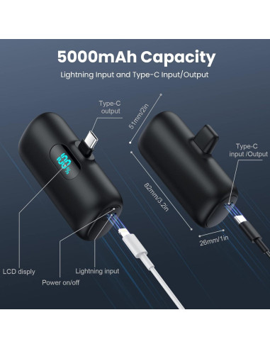 Cargador Portátil Mini 5000mAh USB-C Rápido para iPhone y Android