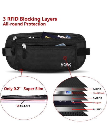 Cinturón de Dinero Oculto Ginsco Negro Antirrobo 28.5x14cm