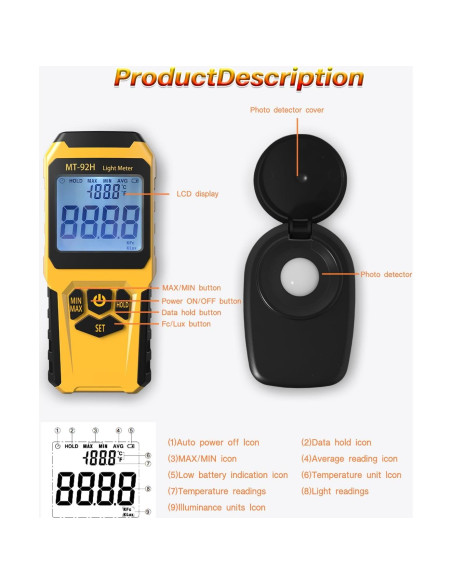Medidor de Luz URCERI MT-92H 0-200,000 Lux Sensor Dividido