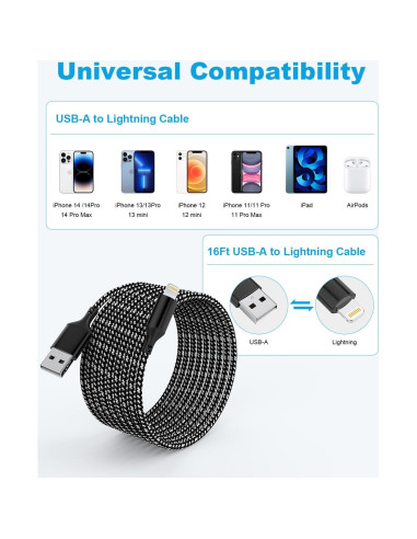 Cable de Carga Extra Largo 6.1 m MFi para iPhone Negro