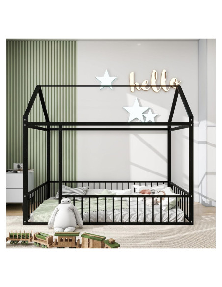 Cama de Metal Twin Merax con Cerca Casa para Niños - Negro