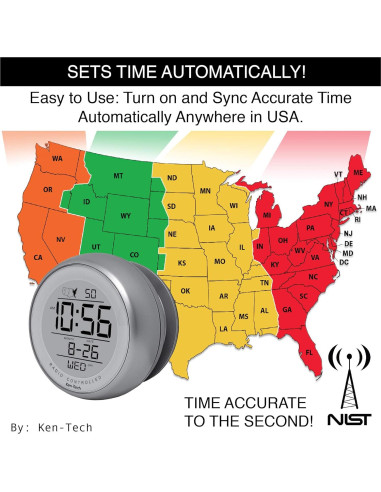 Reloj Atómico Digital Ken-Tech T-4660 Plata Resistente Agua