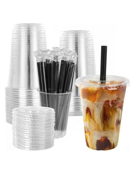 25 Vasos de Plástico Desechables 16oz LUCDNC con Tapas y Pajitas