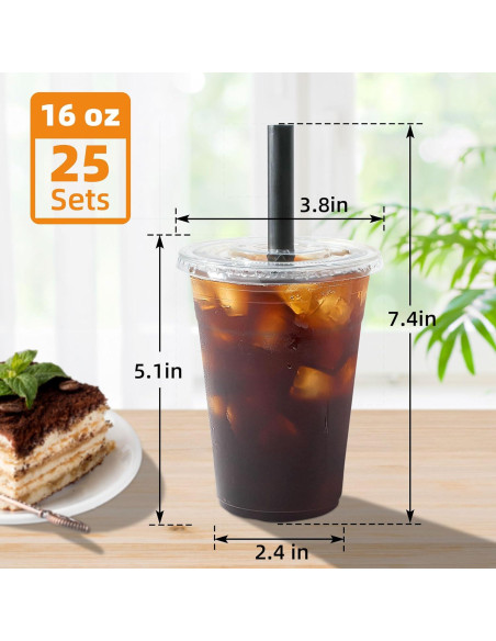 25 Vasos de Plástico Desechables 16oz LUCDNC con Tapas y Pajitas