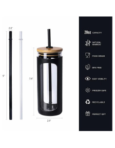 Vaso de Vidrio Kodrine 20oz con Tapa de Bambú y Pajilla 2