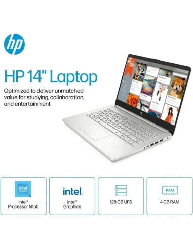 Laptop HP 14" Intel N150 16GB RAM 384GB Almacenamiento Plata