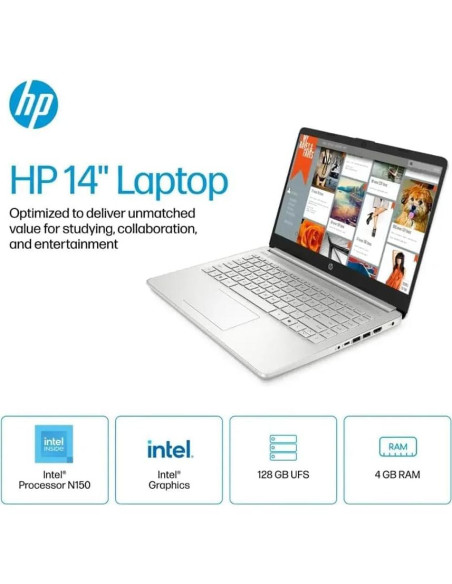 Laptop HP 14" Intel N150 16GB RAM 384GB Almacenamiento Plata