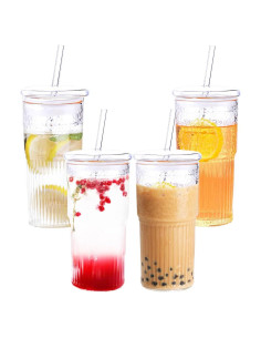 4 Vasos de Vidrio Retro 650 ml con Tapa y Pajita PORPOR BOOYA