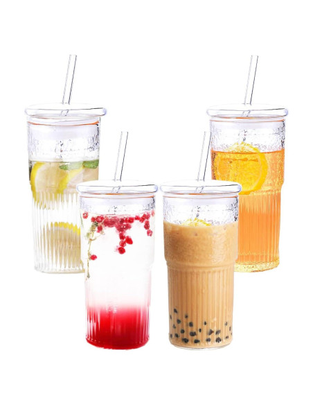 4 Vasos de Vidrio Retro 650 ml con Tapa y Pajita PORPOR BOOYA