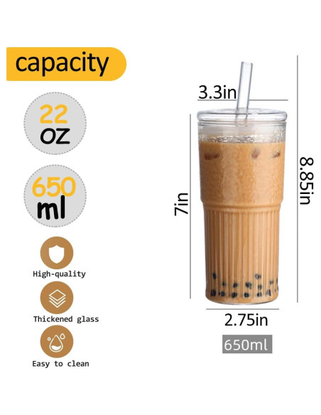 4 Vasos de Vidrio Retro 650 ml con Tapa y Pajita PORPOR BOOYA