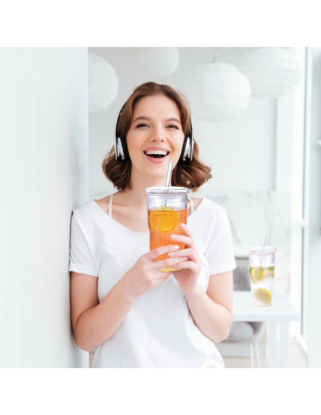 4 Vasos de Vidrio Retro 650 ml con Tapa y Pajita PORPOR BOOYA