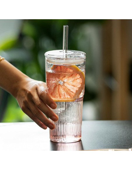 4 Vasos de Vidrio Retro 650 ml con Tapa y Pajita PORPOR BOOYA