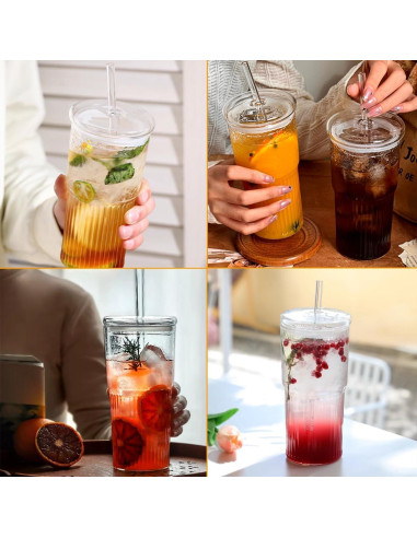 4 Vasos de Vidrio Retro 650 ml con Tapa y Pajita PORPOR BOOYA