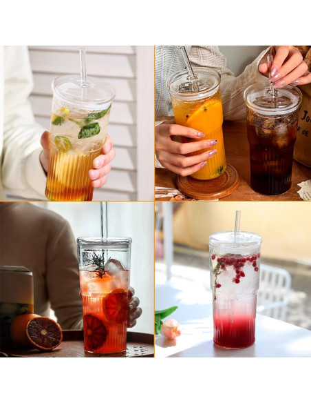 4 Vasos de Vidrio Retro 650 ml con Tapa y Pajita PORPOR BOOYA