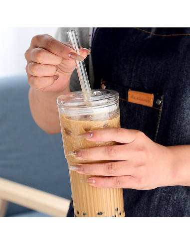 4 Vasos de Vidrio Retro 650 ml con Tapa y Pajita PORPOR BOOYA