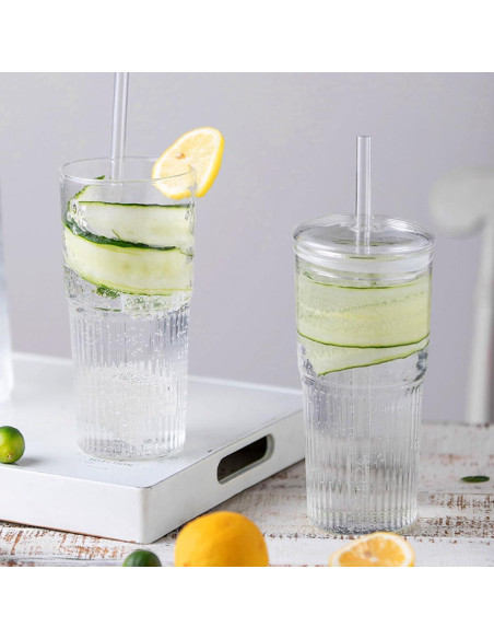 4 Vasos de Vidrio Retro 650 ml con Tapa y Pajita PORPOR BOOYA