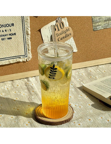 4 Vasos de Vidrio Retro 650 ml con Tapa y Pajita PORPOR BOOYA