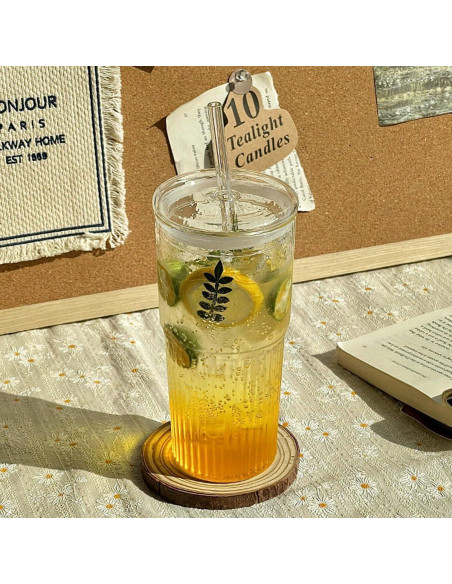 4 Vasos de Vidrio Retro 650 ml con Tapa y Pajita PORPOR BOOYA