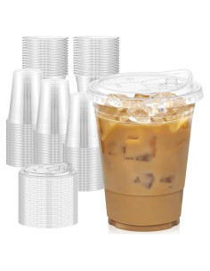Paquete de 100 Vasos de Plástico Transparentes 480 ml con Tapas