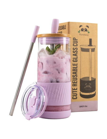 Taza de vidrio Pandaloo 591 ml con tapa y popote Rapsodia Lila
