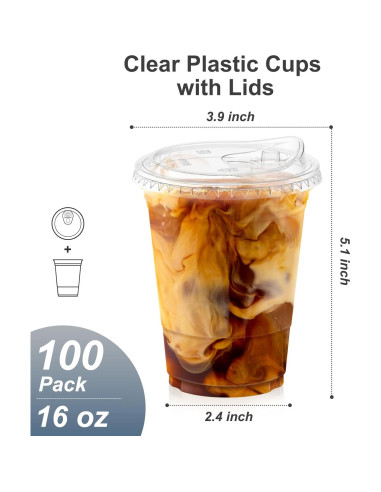 Paquete de 100 Vasos de Plástico Transparentes 480 ml con Tapas