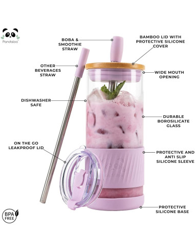 Taza de vidrio Pandaloo 591 ml con tapa y popote Rapsodia Lila