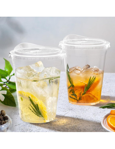 Paquete de 100 Vasos de Plástico Transparentes 480 ml con Tapas