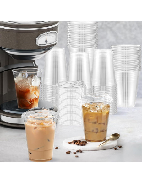 Paquete de 100 Vasos de Plástico Transparentes 480 ml con Tapas
