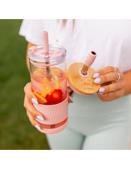 Taza de vidrio Pandaloo 591 ml con tapa y popote Rapsodia Lila