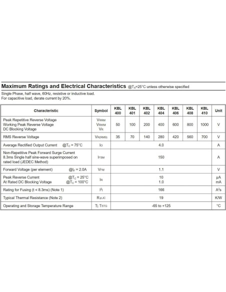 10 Rectificadores de Puente KBL406 4A 600V Silicio Bridgold